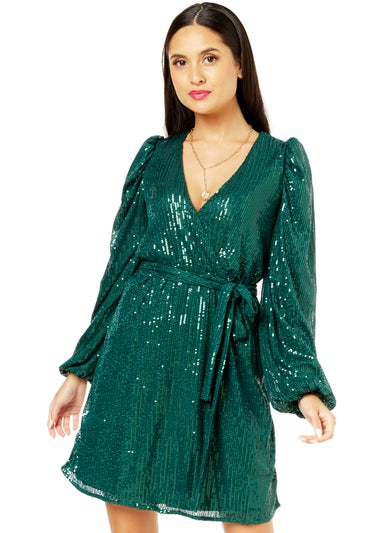 Gini London Bottle Greeen Sequin V Neck Belted Mini Dress