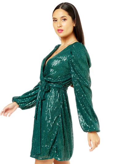 Gini London Bottle Greeen Sequin V Neck Belted Mini Dress