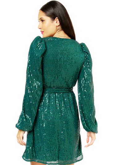 Gini London Bottle Greeen Sequin V Neck Belted Mini Dress