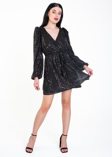 Gini London Black Sequin V Neck Belted Mini Dress