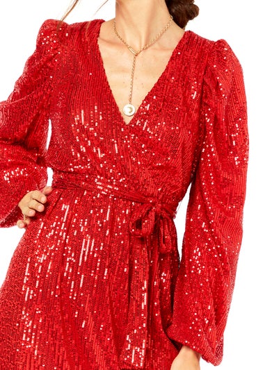 Gini London Bright Red Sequin V Neck Belted Mini Dress