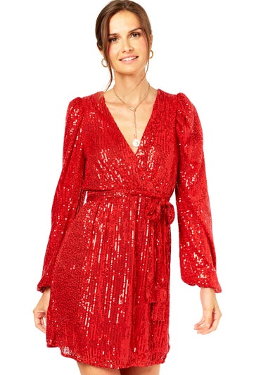 Gini London Bright Red Sequin V Neck Belted Mini Dress