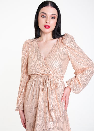 Gini London Champagne Sequin V Neck Belted Mini Dress