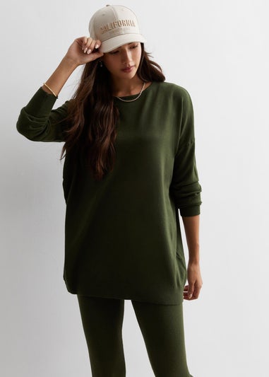 Gini London Khaki Brushed Cotton Crew Neck Oversized Top