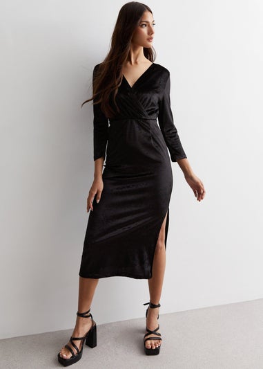 Gini London Black Velvet Wrap Top Skater Midi Dress