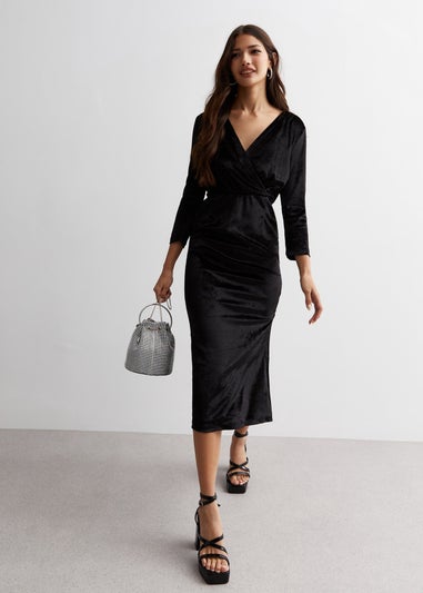 Gini London Black Velvet Wrap Top Skater Midi Dress