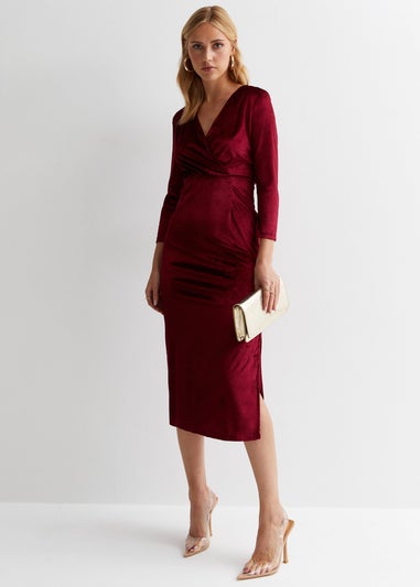 Gini London Burgundy Velvet Wrap Top Skater Midi Dress