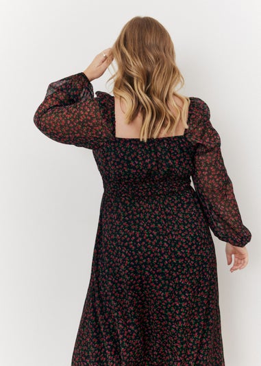 In The Style Black Floral Balloon Midi Dress