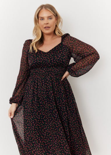 In The Style Black Floral Balloon Midi Dress