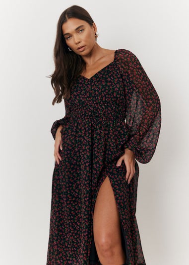 In The Style Black Floral Balloon Midi Dress