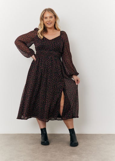 In The Style Black Floral Balloon Midi Dress