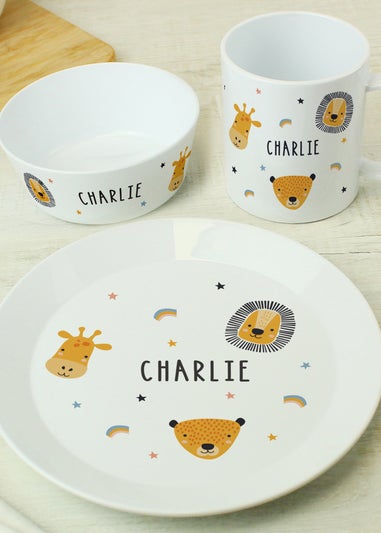 Personalised Memento Company Safari Animals Plastic White Childrens Breakfast Set