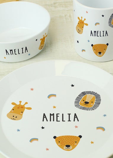 Personalised Memento Company Safari Animals Plastic White Childrens Breakfast Set