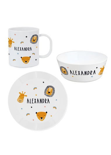 Personalised Memento Company Safari Animals Plastic White Childrens Breakfast Set