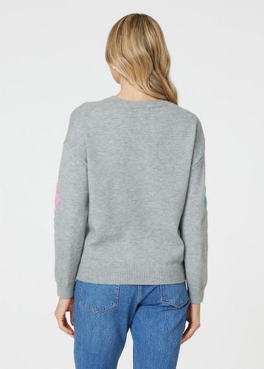 Izabel London Grey Floral Long Sleeve Knit Pullover