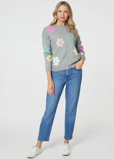 Izabel London Grey Floral Long Sleeve Knit Pullover