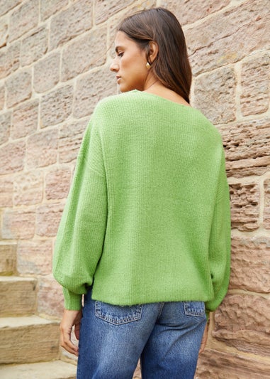 Threadbare Green Lily Ribbed V Neck Jumper