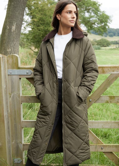 Threadbare Khaki Fir Diamond Quilted Longline Barn Jacket with Removable Hood