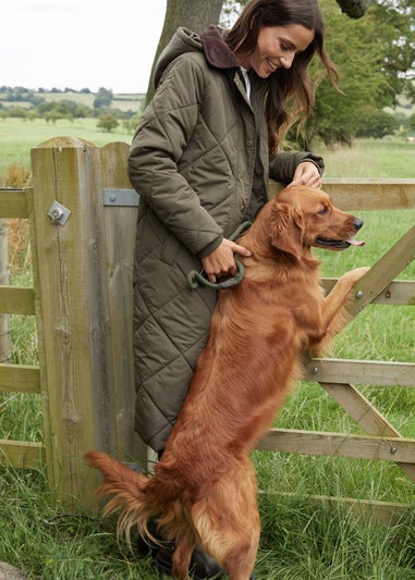 Threadbare Khaki Fir Diamond Quilted Longline Barn Jacket with Removable Hood