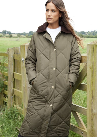 Threadbare Khaki Fir Diamond Quilted Longline Barn Jacket with Removable Hood