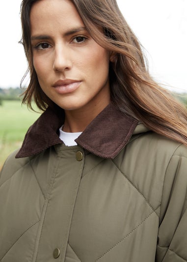 Threadbare Khaki Fir Diamond Quilted Longline Barn Jacket with Removable Hood