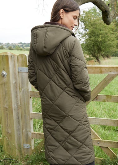 Threadbare Khaki Fir Diamond Quilted Longline Barn Jacket with Removable Hood