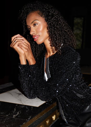 Threadbare Black Igloo Sequin Zip Up Bomber Jacket