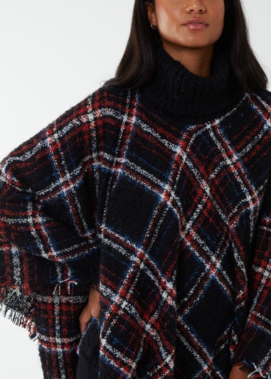 Blue Vanilla Black Tartan Roll Neck Poncho