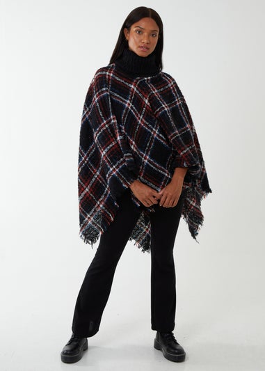 Blue Vanilla Black Tartan Roll Neck Poncho