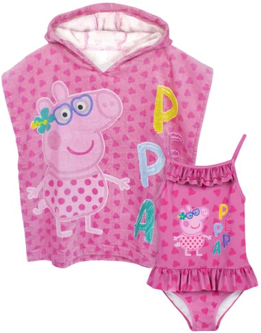 Peppa Pig Girls Pink Poncho Towel and Swimming Costume Set (12 Months-7 Years)