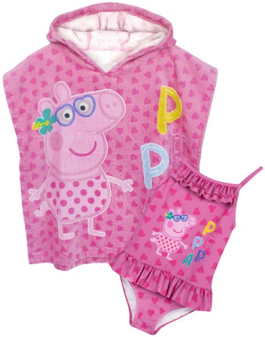 Peppa Pig Girls Pink Poncho Towel and Swimming Costume Set (12 Months-7 Years)