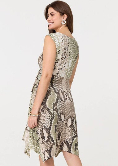 Izabel London Green Snake Print Boat Neck Hanky Hem Dress