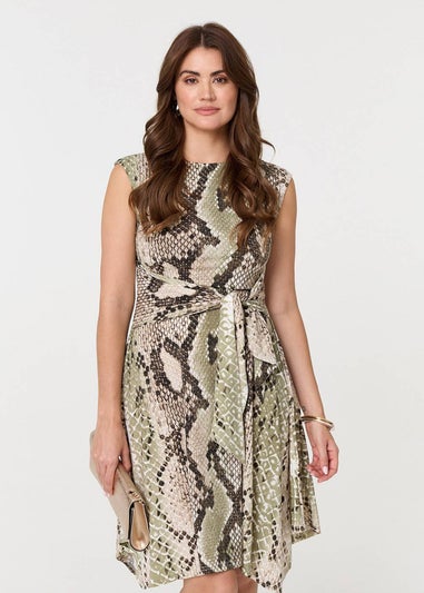 Izabel London Green Snake Print Boat Neck Hanky Hem Dress