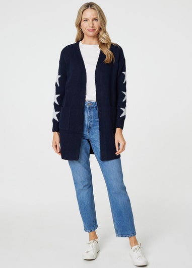 Izabel London Blue Star Print Longline Knit Open Cardigan