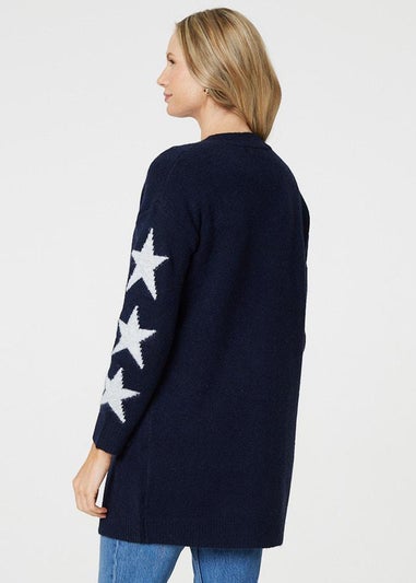 Izabel London Blue Star Print Longline Knit Open Cardigan