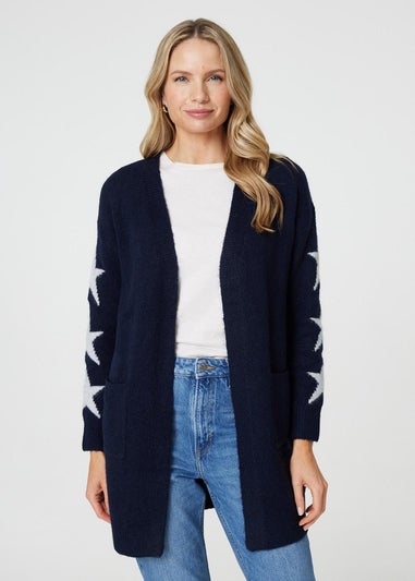 Izabel London Blue Star Print Longline Knit Open Cardigan