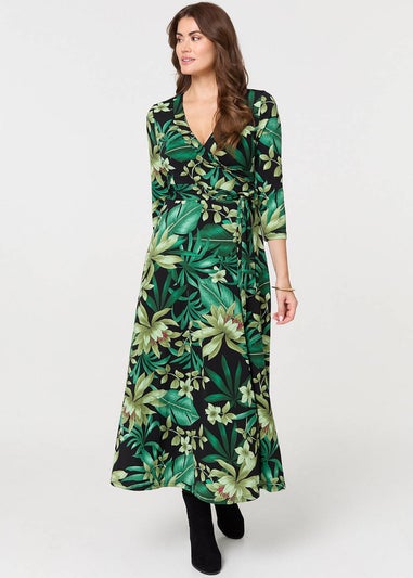 Izabel London Green Floral Tie Waist Wrap Maxi Dress