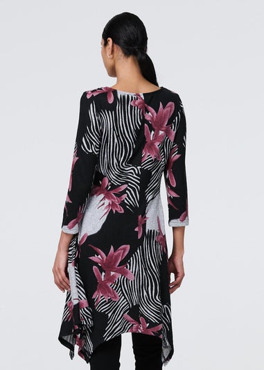 Izabel London Black Abstract Print Hanky Hem Knee Length Dress