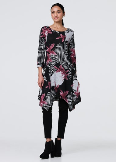 Izabel London Black Abstract Print Hanky Hem Knee Length Dress