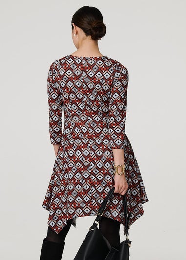 Izabel London Orange Geo Print Hanky Hem Midi Dress