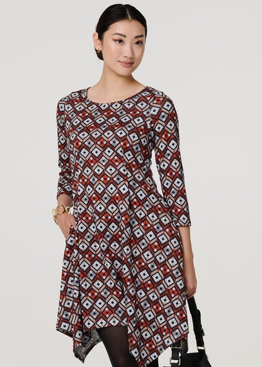 Izabel London Orange Geo Print Hanky Hem Midi Dress