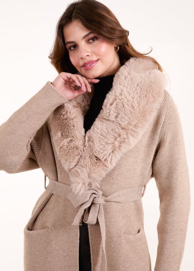 Blue Vanilla Beige Faux Fur Collar Two Pocket Cardigan