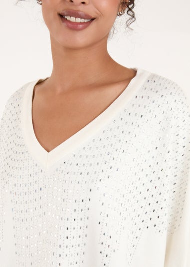 Blue Vanilla Ivory Diamante V Neck Jumper