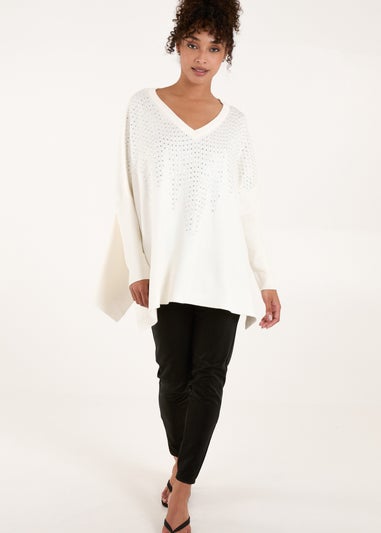 Blue Vanilla Ivory Diamante V Neck Jumper