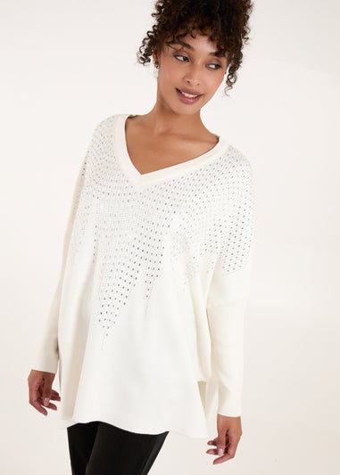 Blue Vanilla Ivory Diamante V Neck Jumper