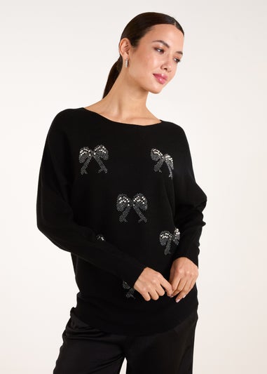 Blue Vanilla Black Embellished Bows Knitted Jumper