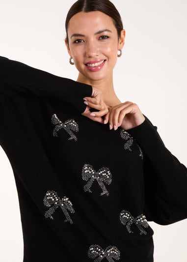 Blue Vanilla Black Embellished Bows Knitted Jumper