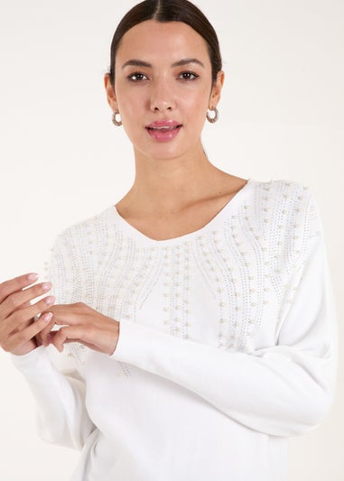 Blue Vanilla Ivory Embellished Pearl Knitted Jumper