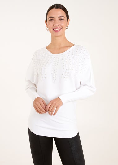 Blue Vanilla Ivory Embellished Pearl Knitted Jumper