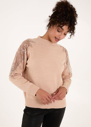 Blue Vanilla Taupe Embroidered Shoulder Knit Jumper